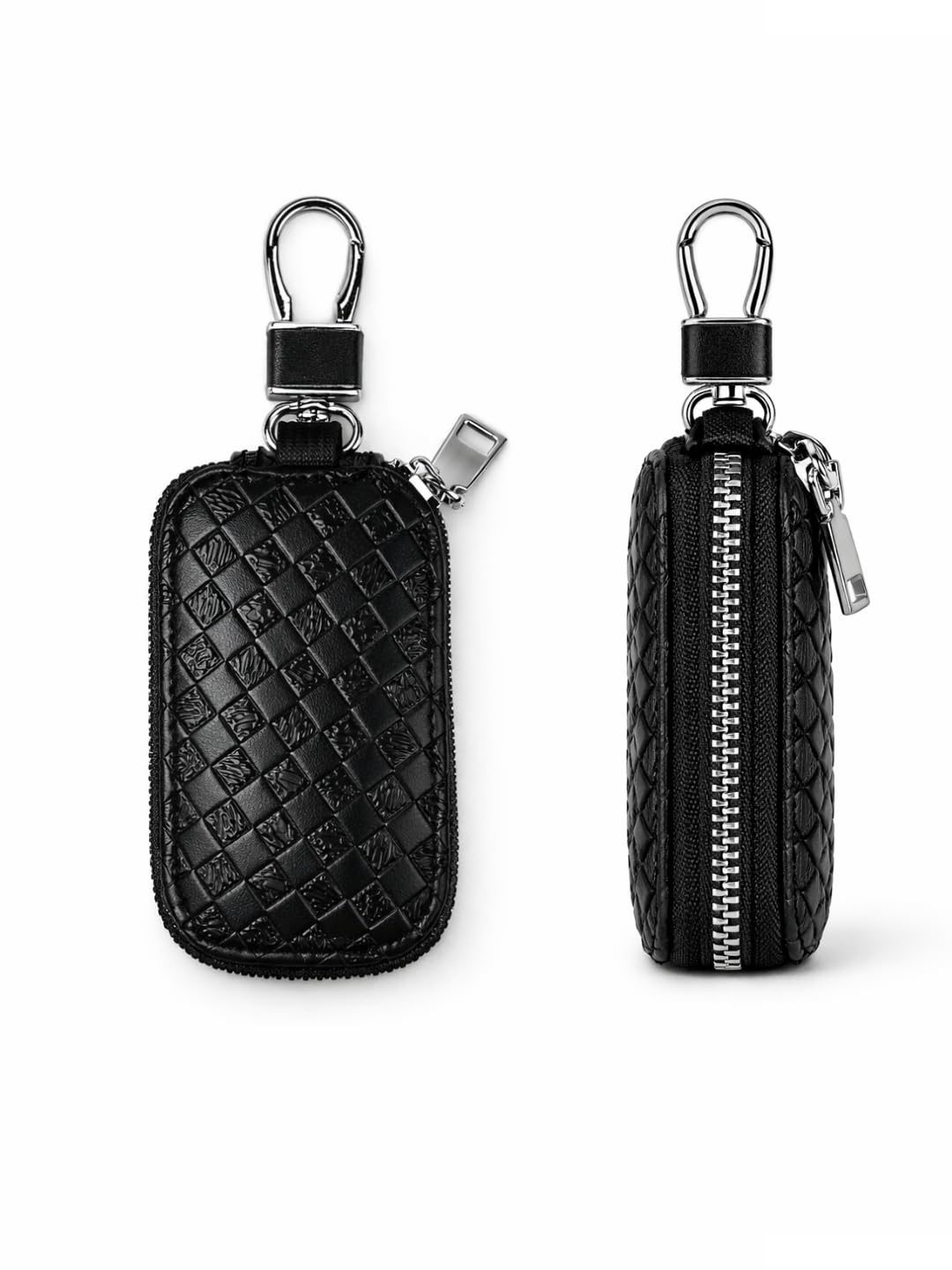 Car Key Case Zip Bag with Metal Hook | Faux Leather Keychain Pouch for Car Keys & Smart Keys | Zipper Key Holder Organizer for Men & Women (Black Texture)-image-1