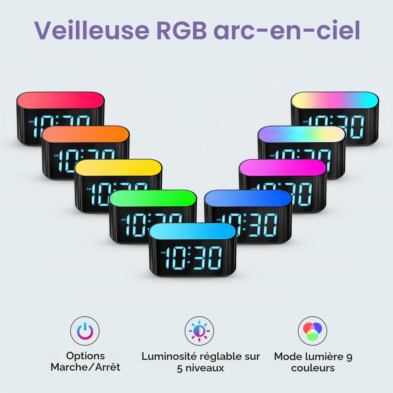 DOUMOSH Réveil pour enfants avec veilleuse RVB, variateur de luminosité 0-100%, écran coloré, réveil numérique pour débutants scolaires