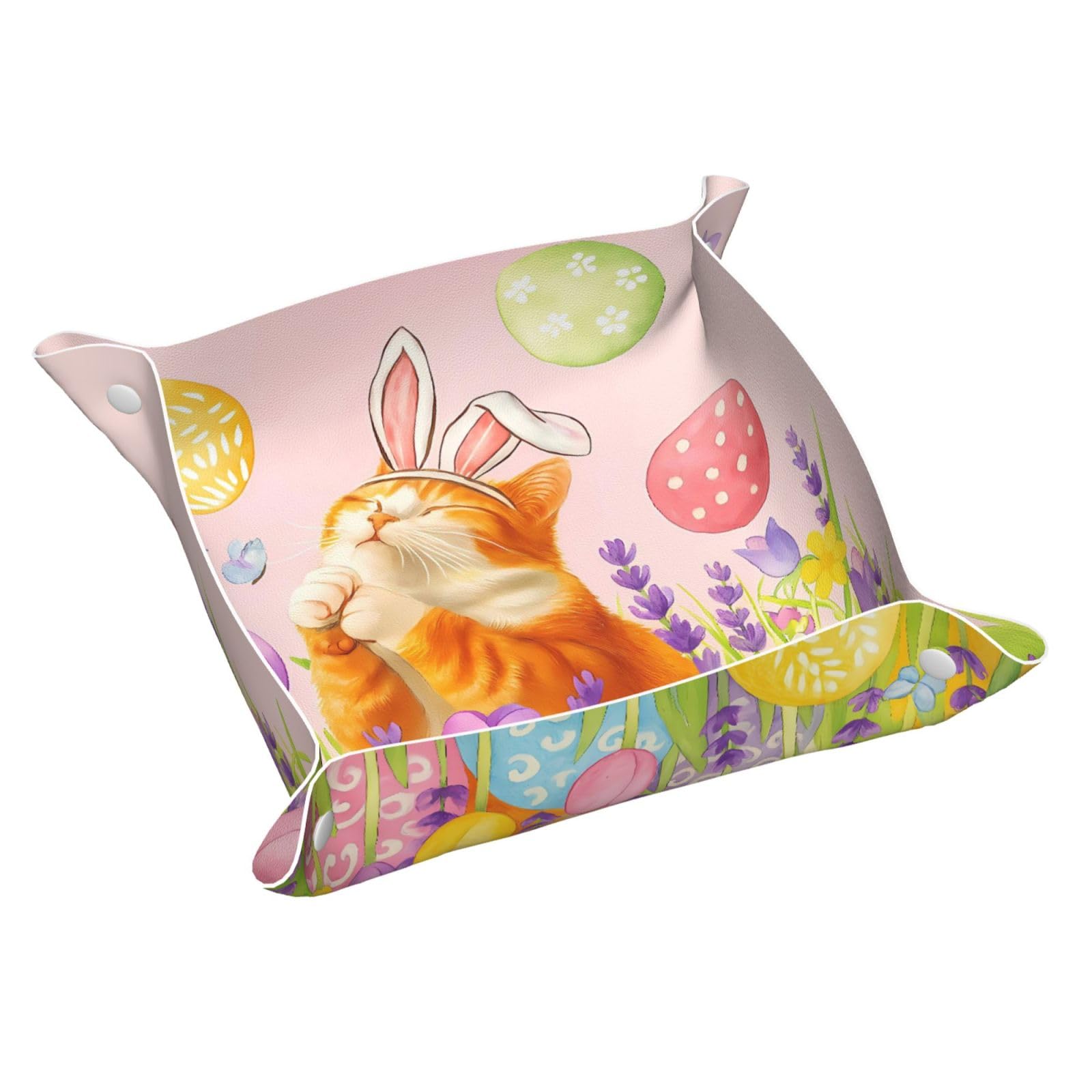 HLBSDM Easter Ginger Cat Wearing Bunny Ears Tray Men's Leather Valet Parking Portable Entrance Trays Bedside Storage Box