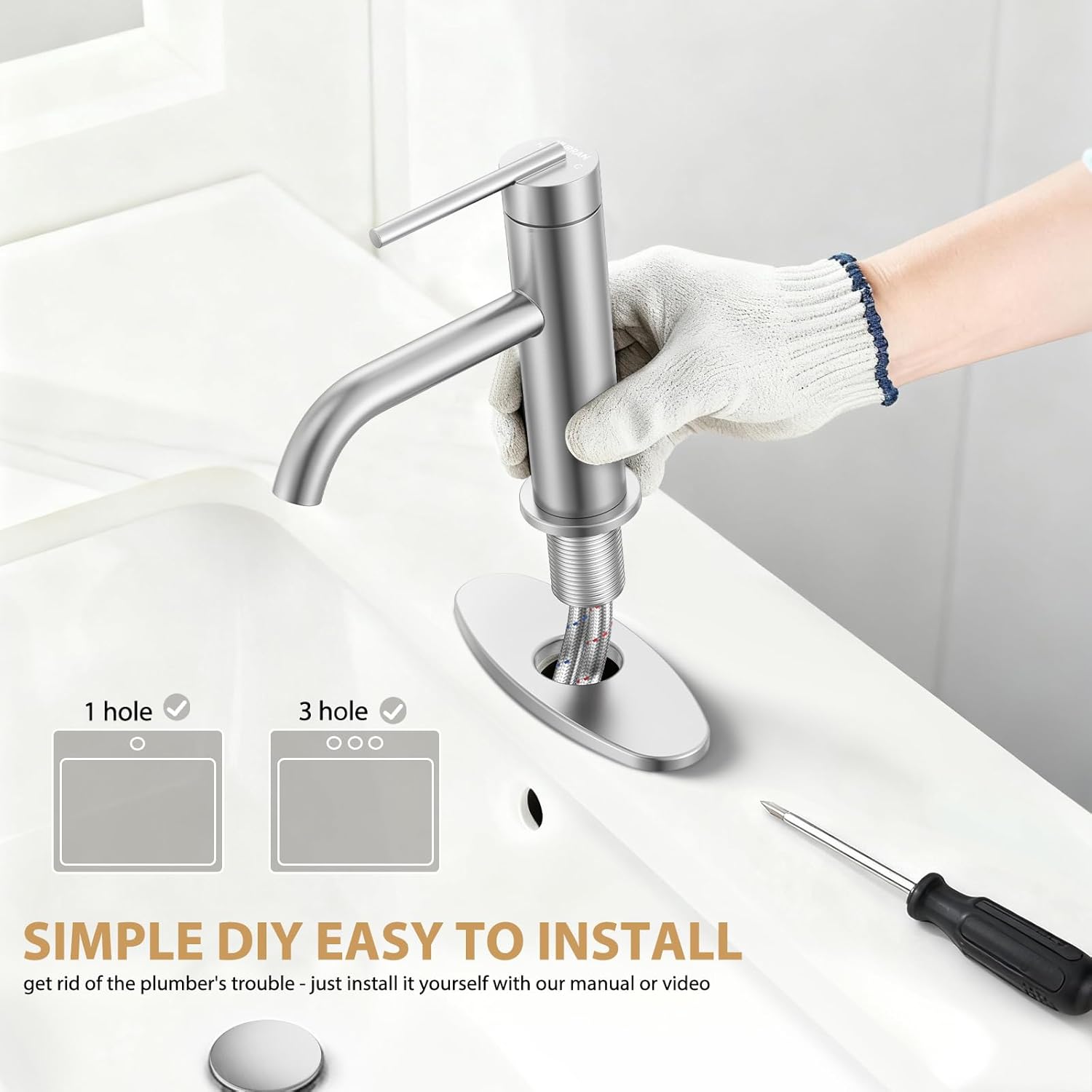 Brushed Nickel Bathroom Faucet for Single Handle， HURRAN Bathroom Faucet 1 Hole with Pop-up Drain and Deck, Fits 1 Hole or 3 Hole Installations for Vanity, Bathroom & RV