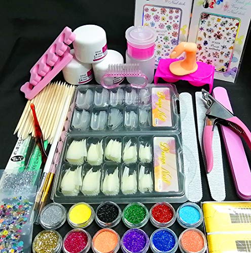 Nail Kit Set Professional Acrylic with Everything, 12 Glitter Acrylic Powder Kit Nail Art Tips Nail Art Decoration, DIY Nail Art Tool Nail Supplies Dry Flower Sticker Acrylic Nail Kit for Beginners
