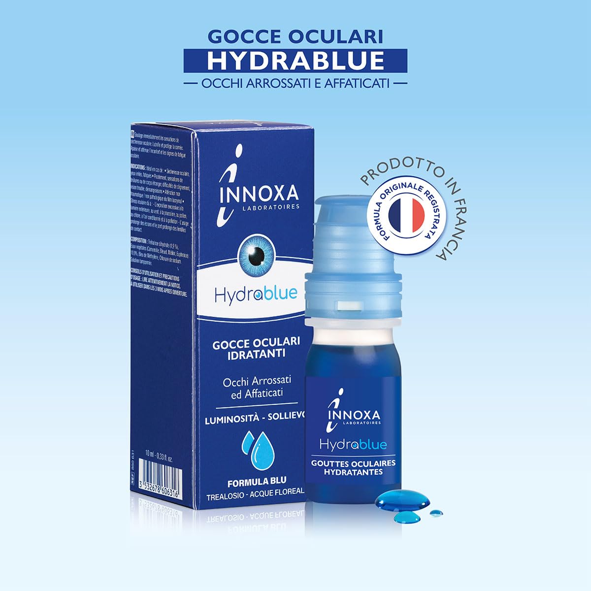 INNOXA - Gocce Oculari Formula Blu - Sbianca il Bianco degli Occhi -Idrata gli Occhi Arrossati ed Affaticati - Formula Originale - Sterile e Senza Conservanti - Prodotto in Francia - 10 ml
