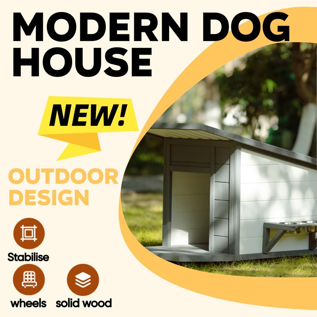 Casa De Perros para Exterior - Wood Dog House Outdoor with 2 Food Bowl, Dog Kennels Outdoor Indoor with 4 Swivel Wheels and Porch for Small/Medium/Large Dog