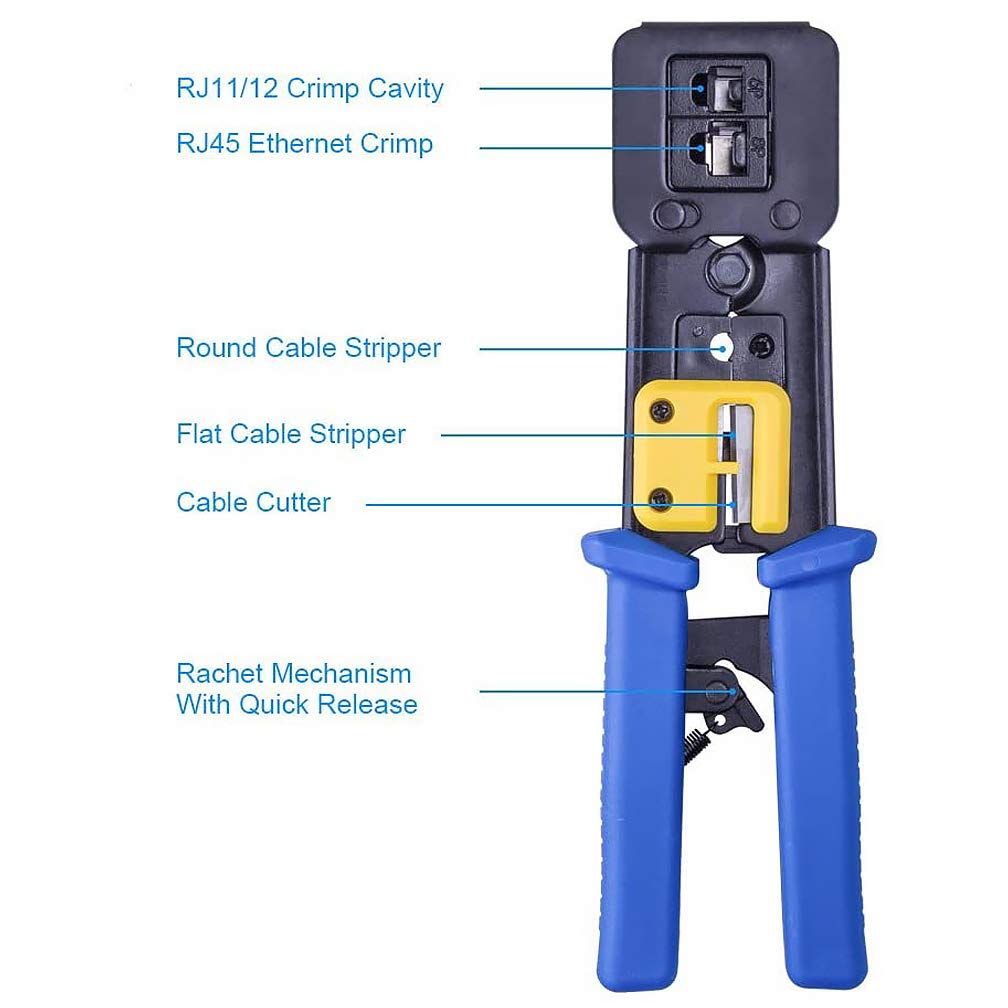 10Gtek RJ45 Crimp Tool, Cat5e/Cat5/Cat6 for RJ45 RJ12 Pass Through Connectors with 50PCS Connectors, 50PCS Covers, Wire Stripper and Screwdriver Crimper Kit