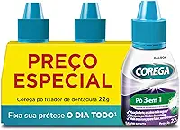Corega Pó Fixador de Dentadura 3 em 1, Forte Fixação, Segurança e Bloqueio de Partículas, Sabor Menta, Kit 3 Unidades 22g cada