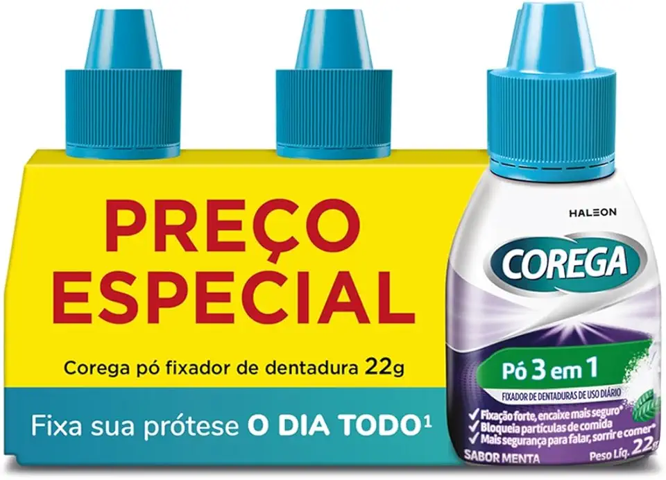 Corega Pó Fixador de Dentadura 3 em 1, Forte Fixação, Segurança e Bloqueio de Partículas, Sabor Menta, Kit 3 Unidades 22g cada