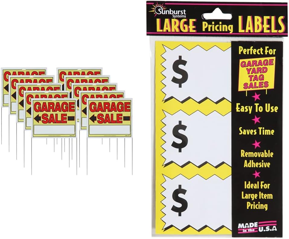 Sunburst Systems 3905 Garage Sale Sign, Assembled with metal U-Stake, Double Sided, 14" x 22", 10 Pack & 7071 Large Item Pricing Stickers, 75 Count, with Space to Write Pricing