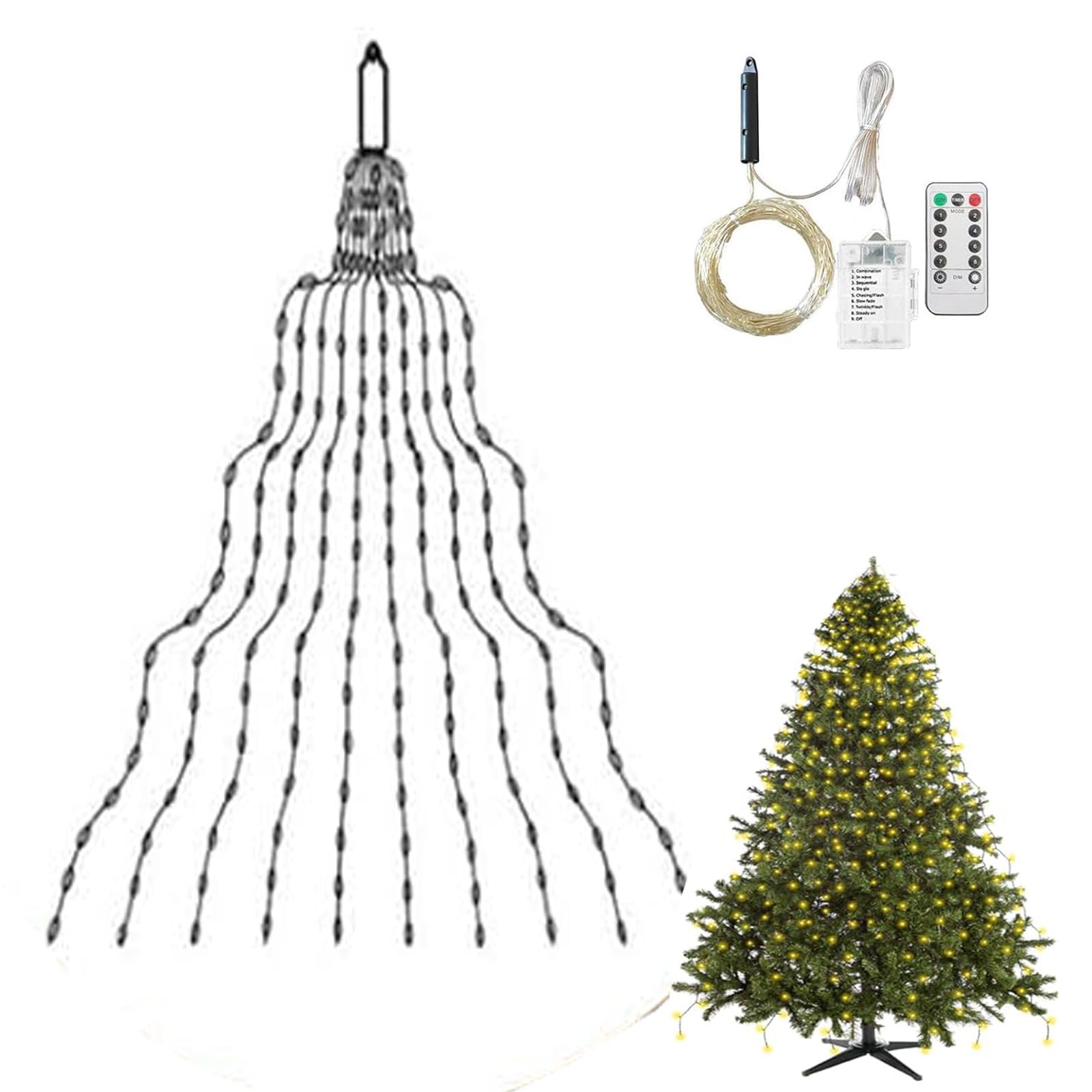 Luces en cascada para árbol de Navidad actualizadas 2026, 600 luces LED parpadeantes, 8 m, 10 pies, color blanco, 20 hebras, perfectas para decoración navideña