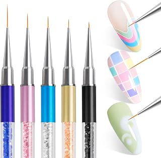 Nail Art Brushes, 5Pcs Nail Design Brushes with Nail Liner Brush and Fine Nail Art Pen for Salon at Home DIY Manicure (5/7/9/11/20mm)