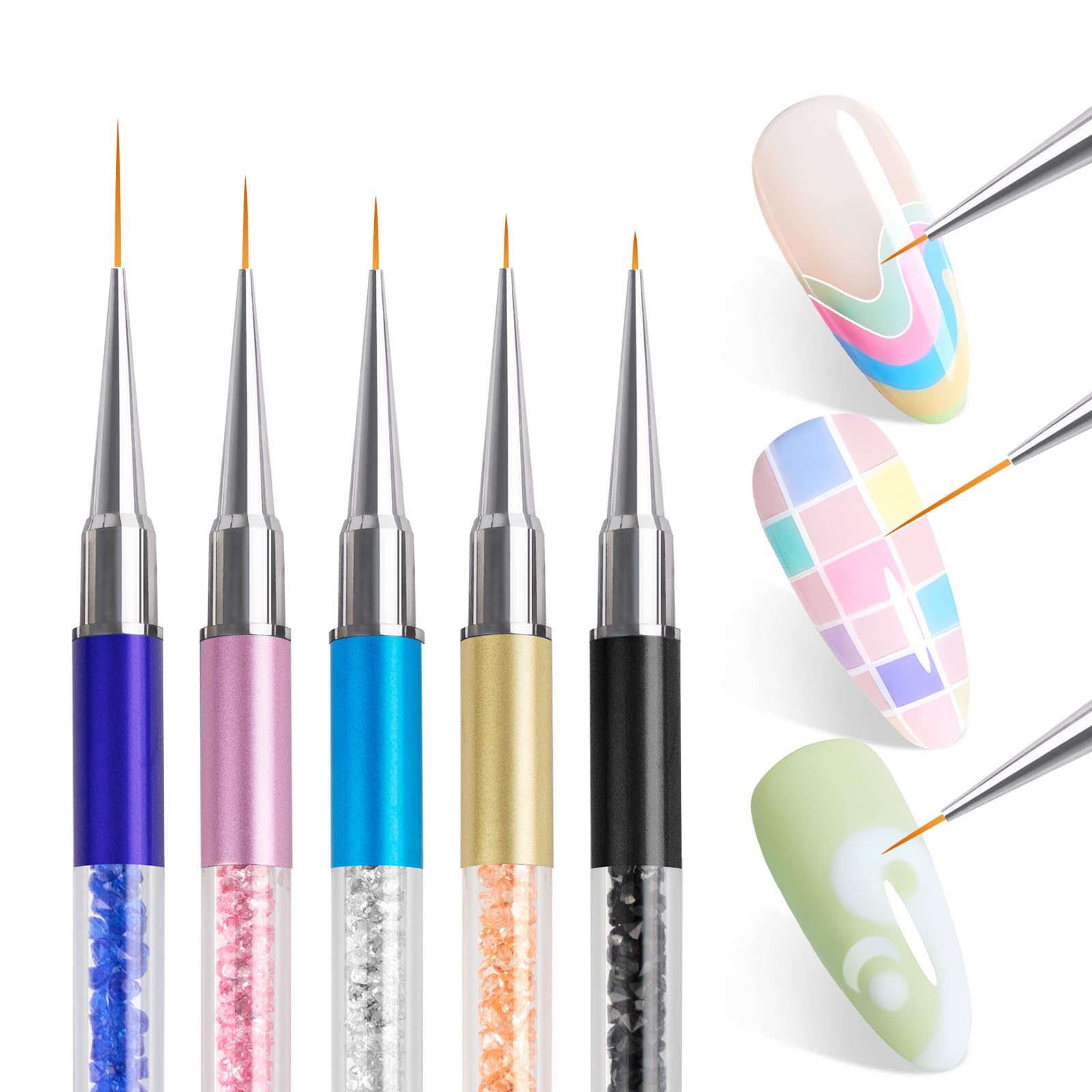 Pennelli per nail art, 5 pezzi, pennelli per nail art con pennello e penna fine per nail art per salone a casa, manicure fai da te (5/7/9/11/20 mm)