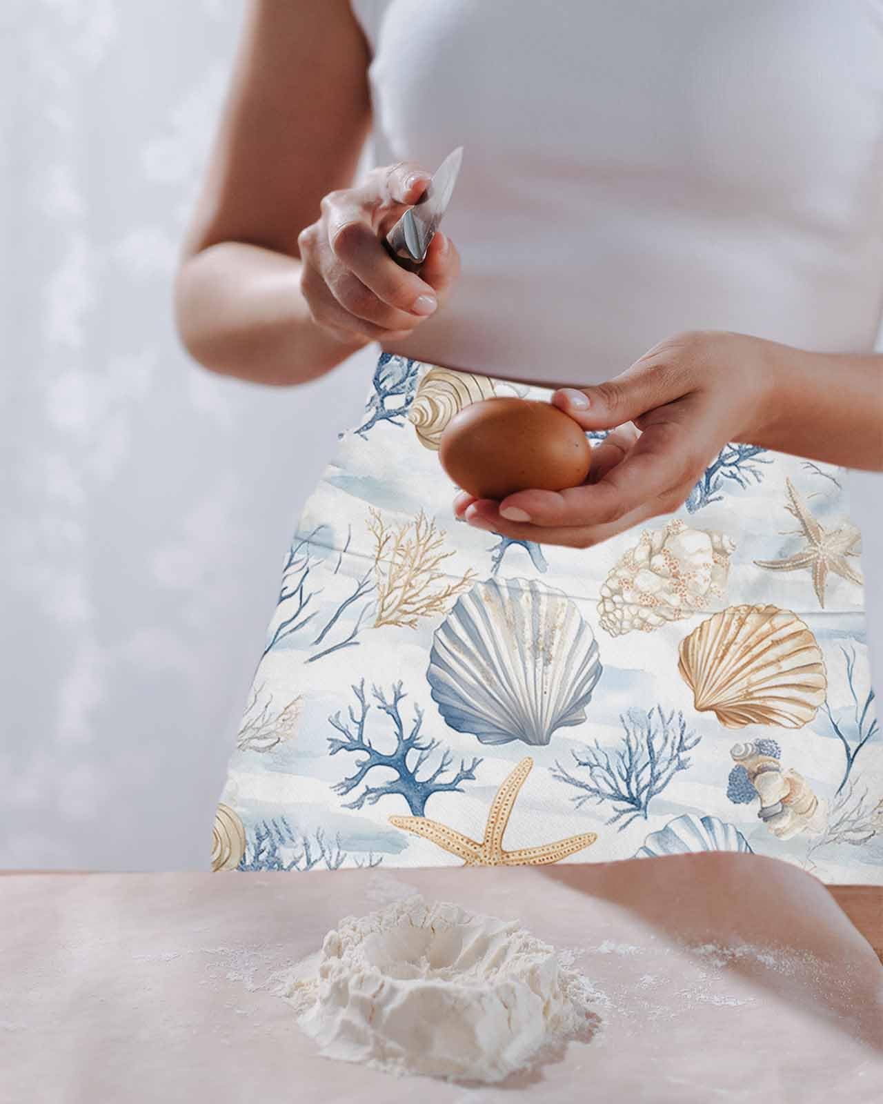 PIEPLE Coastal Blue Server Apron Waitress Aprons with 3 Pockets, Coral Starfish Seashells Beach Summer Half Waist Waiter Aprons Restaurant Chef Aprons for Women Men