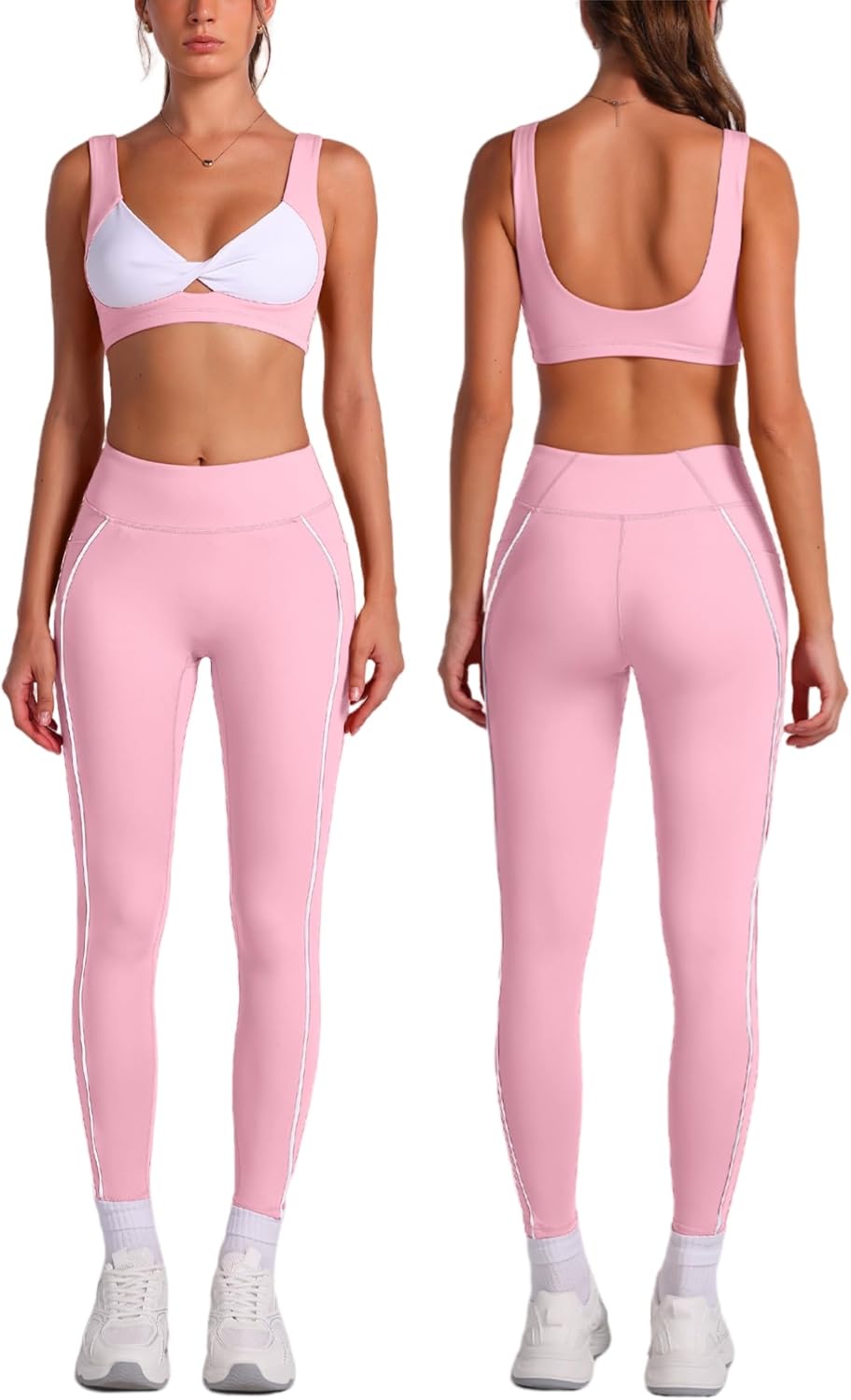 ABOCIW Two Piece Workout Sets for Women Contrast Trims Twist Front Sports Bra High Waist Leggings with Pockets