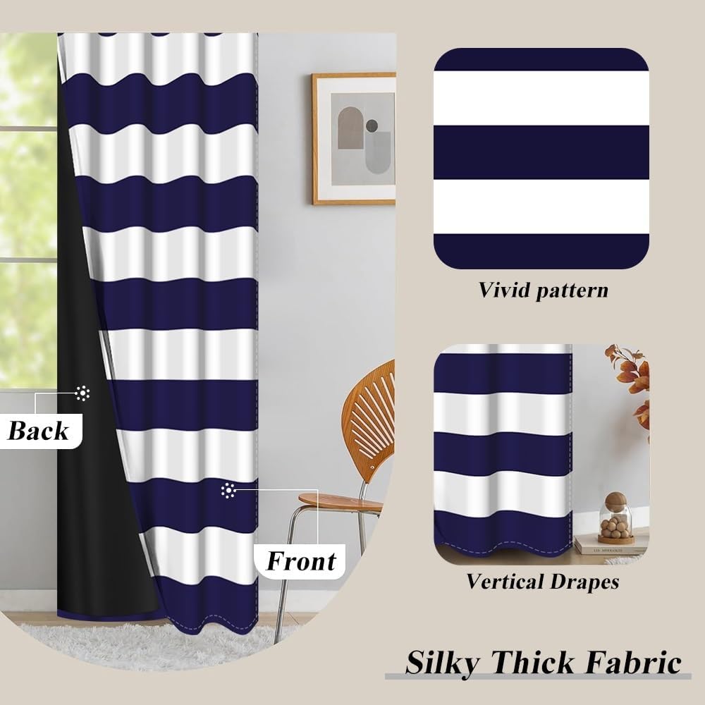 Blue White Horizontal Striped Blackout Curtains Navy Blue Stripe Window Curtains Retro Funky Boho Art Farmhouse Bedrroom Horizontal Lines Printed Drapes with Grommets,26x36 inch,2 Panels