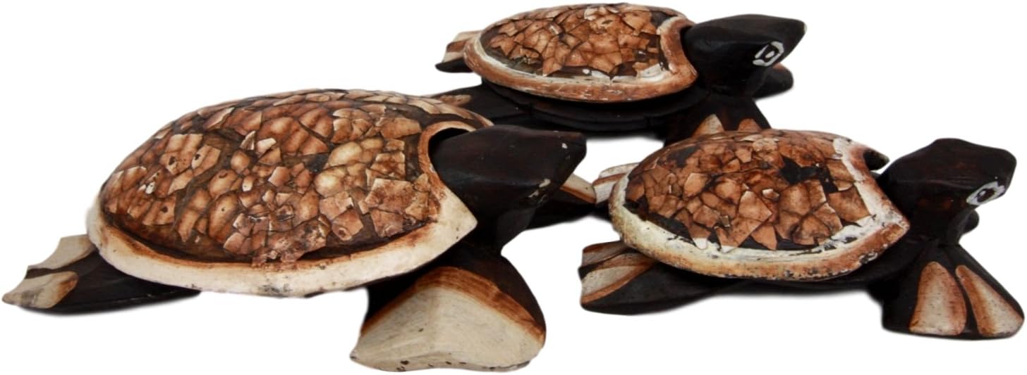 Balikraft Hand Made Wood Artisans 'Kura-Kura' Turtle Tortoise Family Cigarette Ashtray Keepsake Box Figurine Set of 3