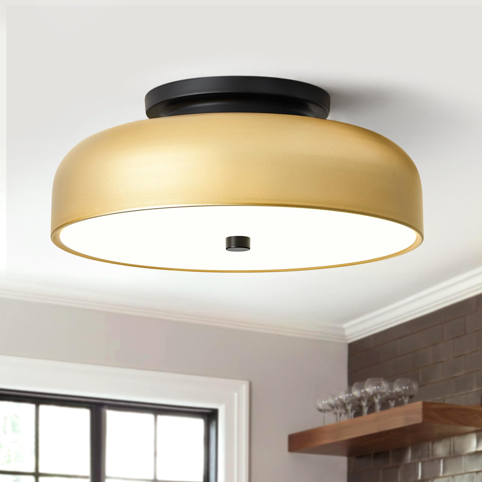 Dimmable LED Ceiling Light Fixture, 2700K-6000K 5CCT Modern Mid-Century Semi Flush Mount Ceiling Light, Gold Close to Ceiling Lamp for Kitchen, Laundry Room, Bedroom, Hallway, 11.8in