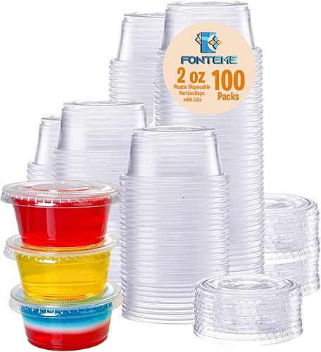 Fonteme Vasos de plástico transparente con tapas, (100 juegos, 2 onzas), recipientes de plástico sin BPA para preparación de comidas, control de