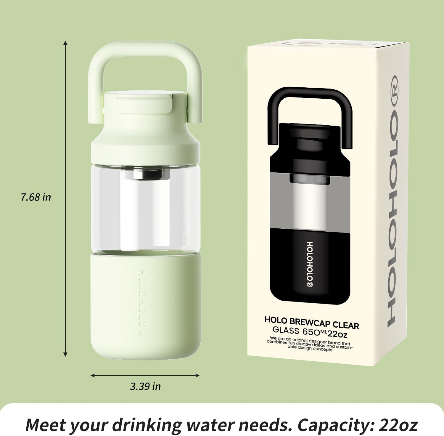 HOLOHOLO Glass Water Bottle with Quick Flip Lid, Borosilicate Water Glass Bottle with Handle, Leak-Proof, Tea Separation, Anti-Scalding Silicone Sleeve, Green, 22oz