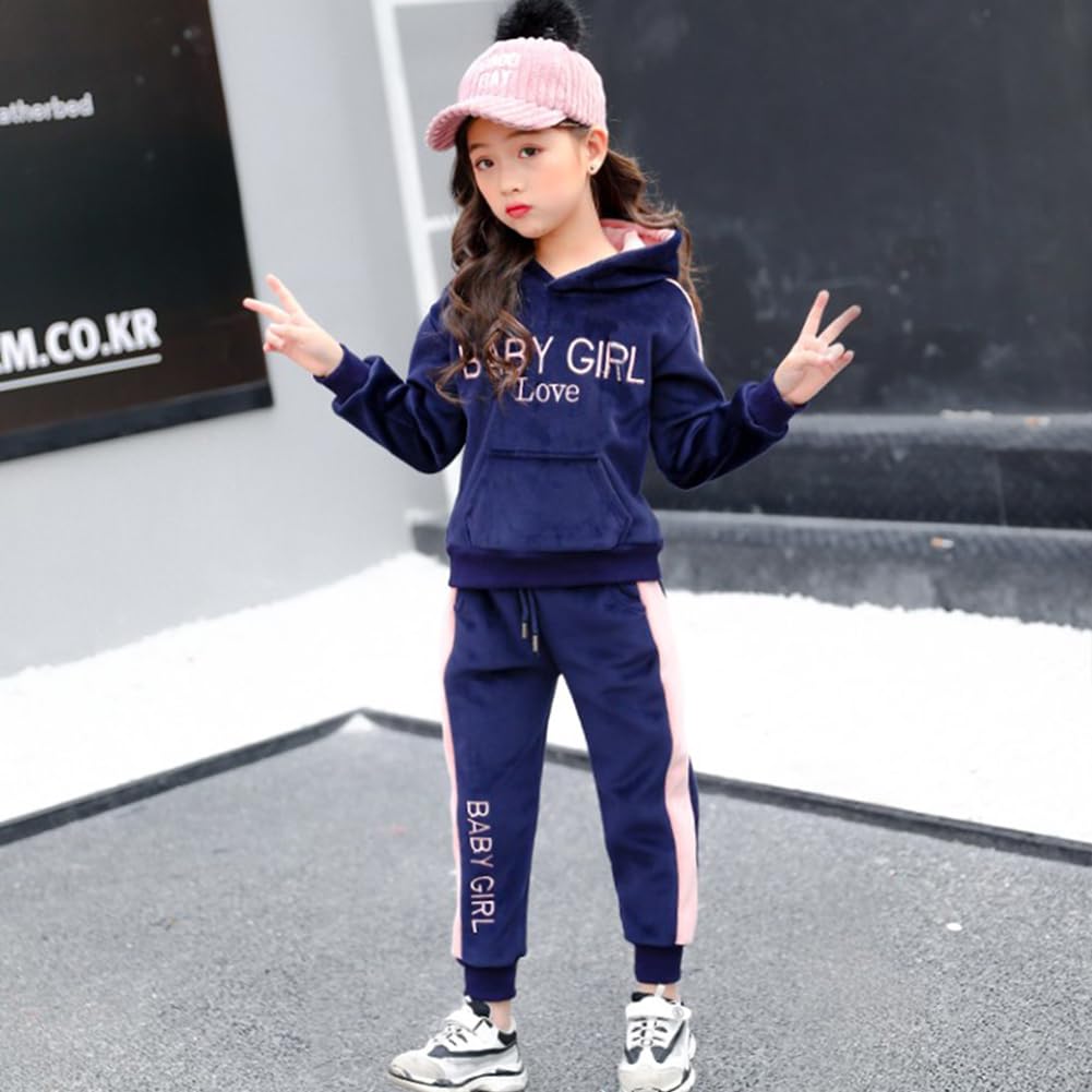 Conjunto Sudadera con Capucha y Pantalones para Niñas Ropa Deportiva Engrosamiento Chándal Terciopelo Dorado para 4-14 Años