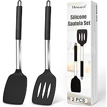 Silicone Spatula, 2 Pcs Heat Resistant Slotted Spatulas for Cooking, BPA Free Non Stick Flexible Silicone Spatula Set, Large Black Spatula Turner for Baking, Frying, Flipping Eggs, Pancakes