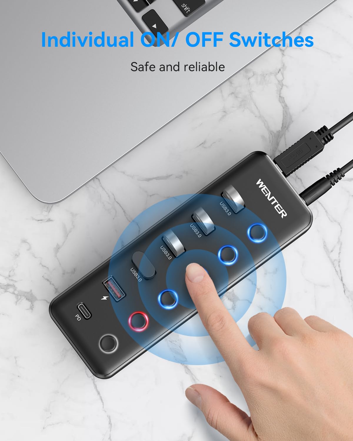 Wenter Hub USB 3.0 con alimentazione, splitter hub USB a 6 porte (4 porte di trasferimento dati più veloci + 2 porte di ricarica da 36 W) con interruttori a LED