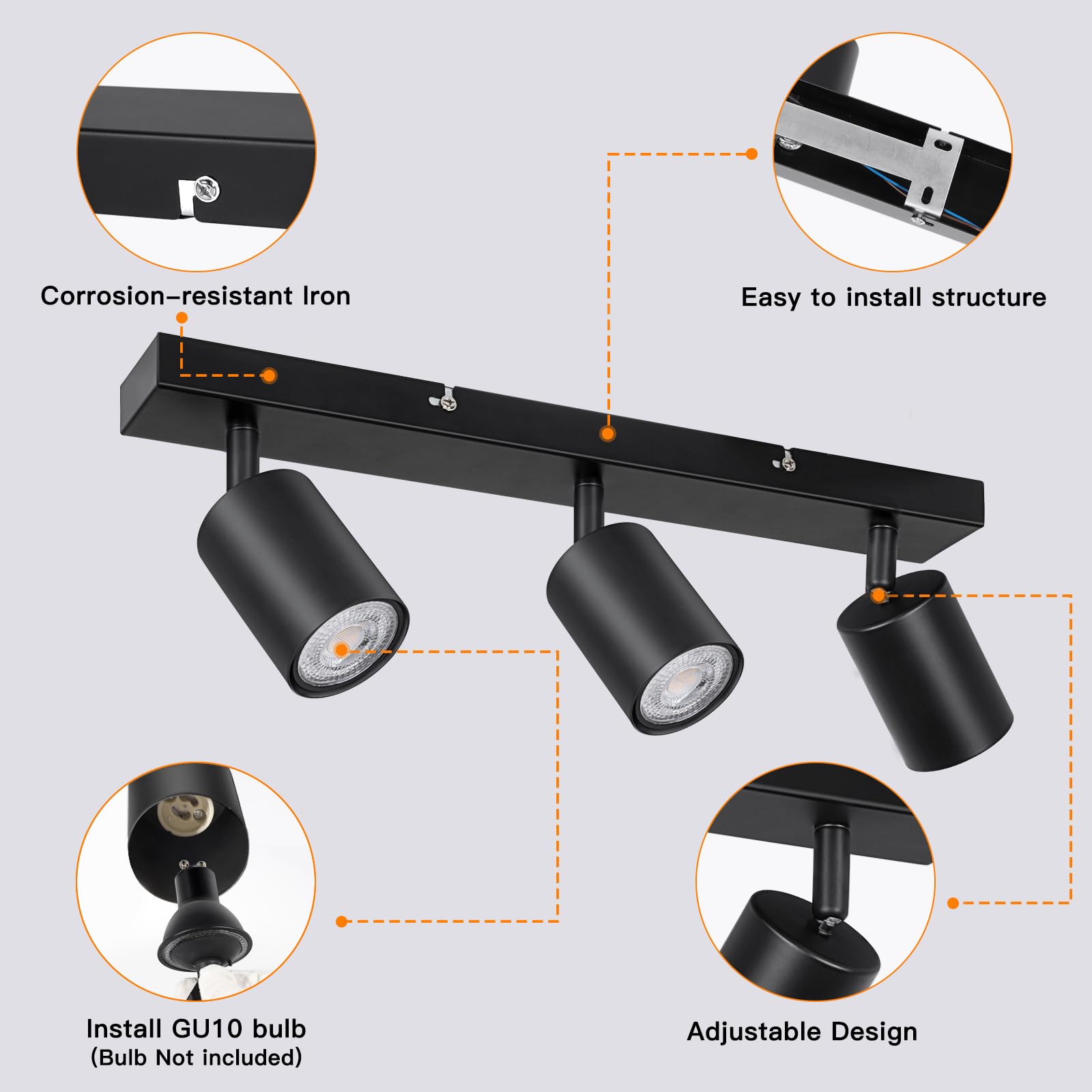 Ketom Faretti da Soffitto Orientabili Nero, GU10 Lampada Faretti LED Soffitto, Faretto da Parete Moderna, Plafoniera LED con 3 Faretti per Cucina, Cameretta, Senza Lampadina