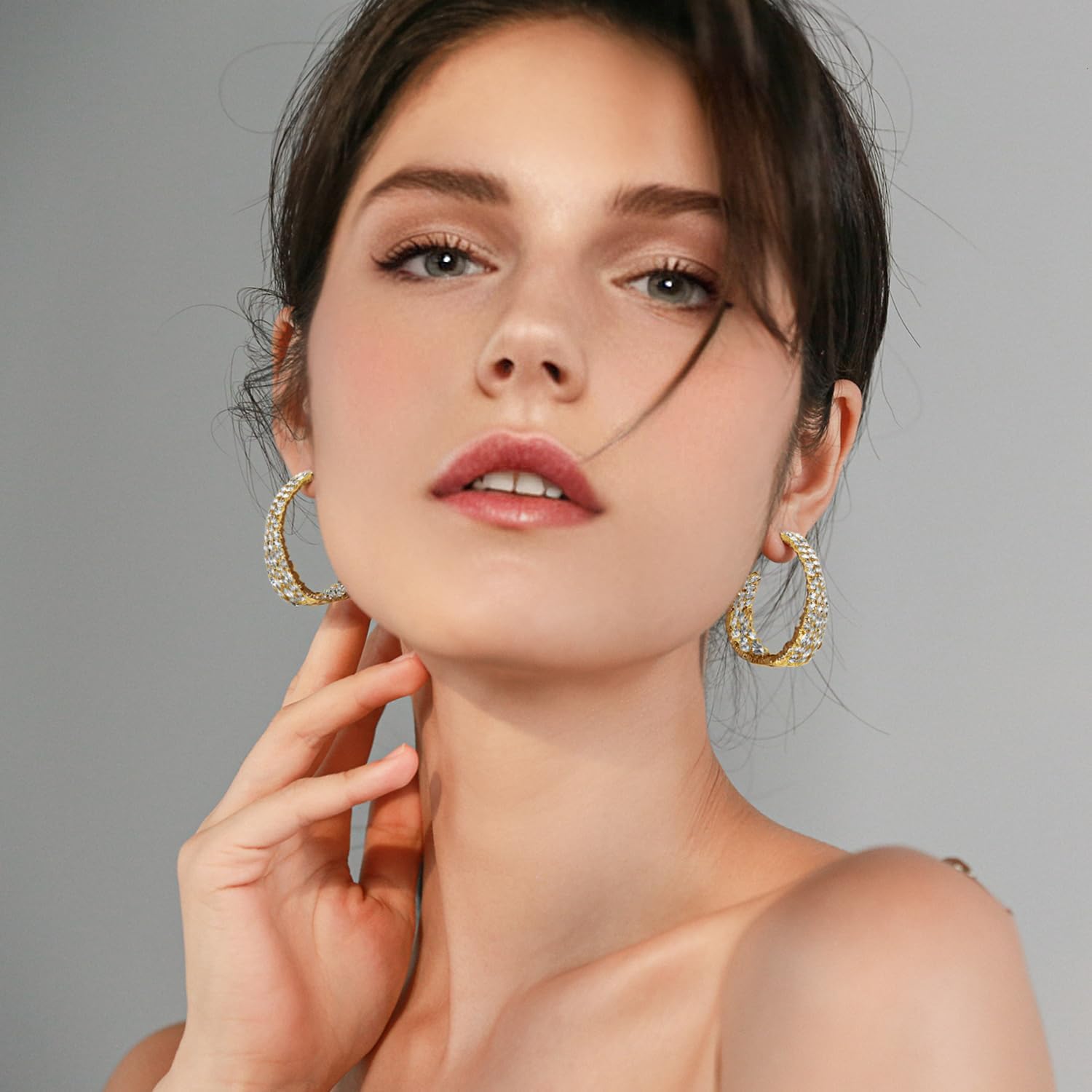Qlady Crystal Hoop Earrings For Women, Bright Silver Plated Oval Inside Out Earring, Sparkling Modern Geometric Earrings, Gift for Her