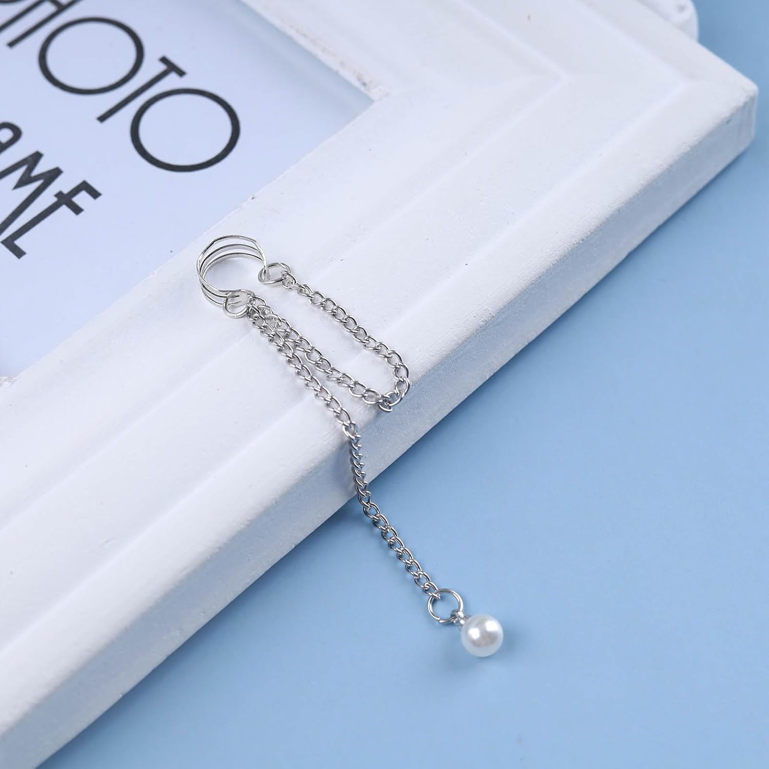 Boho pearl Drop Ear Cuff Earrings pearl Tassel Clip On Earrings Long Chain Dangle Earrings Silver Tassel Chain Cuff Wrap Earrings No Piercing Jewelry for Women - Image 4