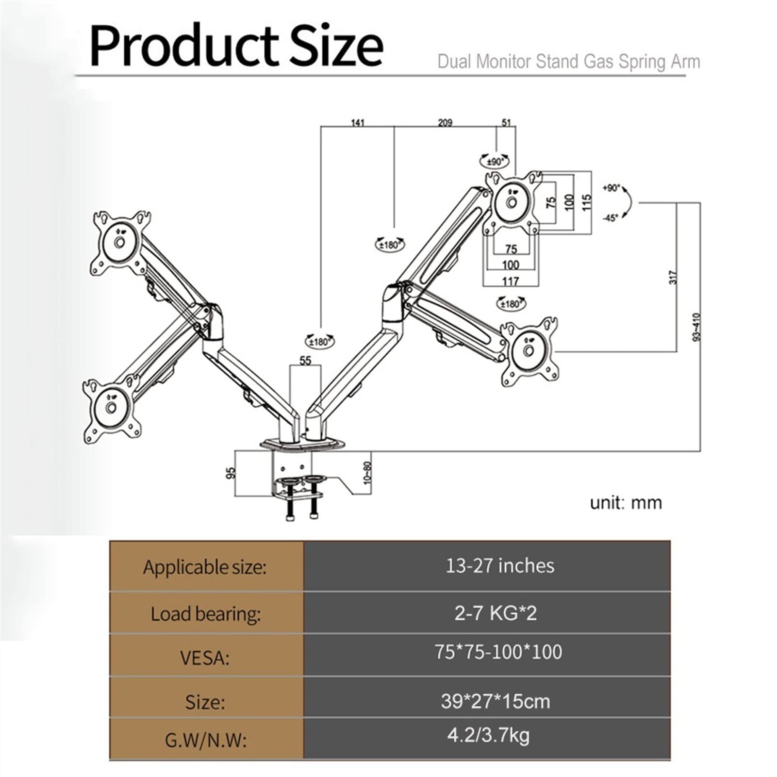 Supporto da scrivania per monitor Supporto for monitor doppio - Supporto da scrivania for monitor con braccio doppio con molla a gas regolabile in altezza, adatto a due schermi da 13~27", ciascun brac