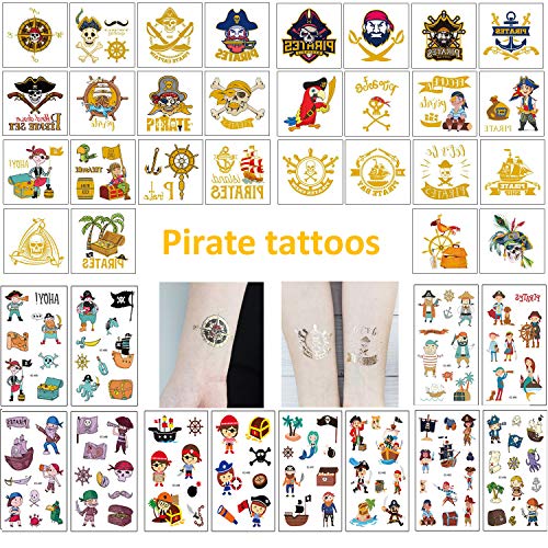 Pirate Tattoos Temporary(120pcs), Hot Stamping Kids tattoos Neverland Pirated Cannon Powder Jake Captain Tattoo Ocean Adventure Nautical Party Supplies