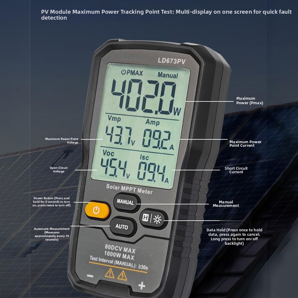 Tester per pannelli solari, misuratore MPPT per sistema fotovoltaico, strumento di misurazione della potenza fotovoltaica da 1000 W per installazione e manutenzione