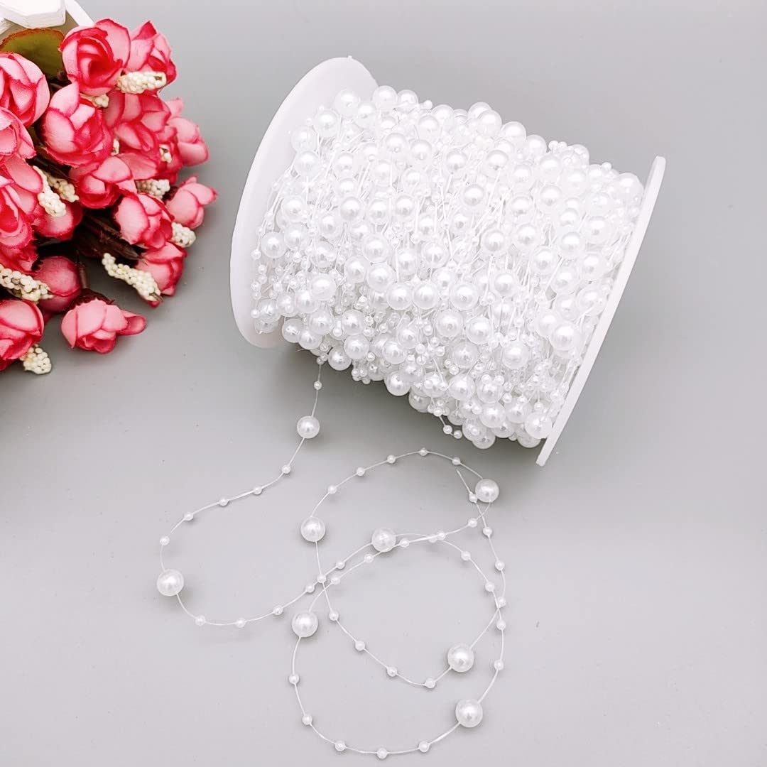Christmas Tree Beaded Garland 98.4 Feet Artificial Pearls String Beads Chain for Xmas Tree Holiday Wedding DIY Craft Pearls Flowers Decoration Supplies (white)