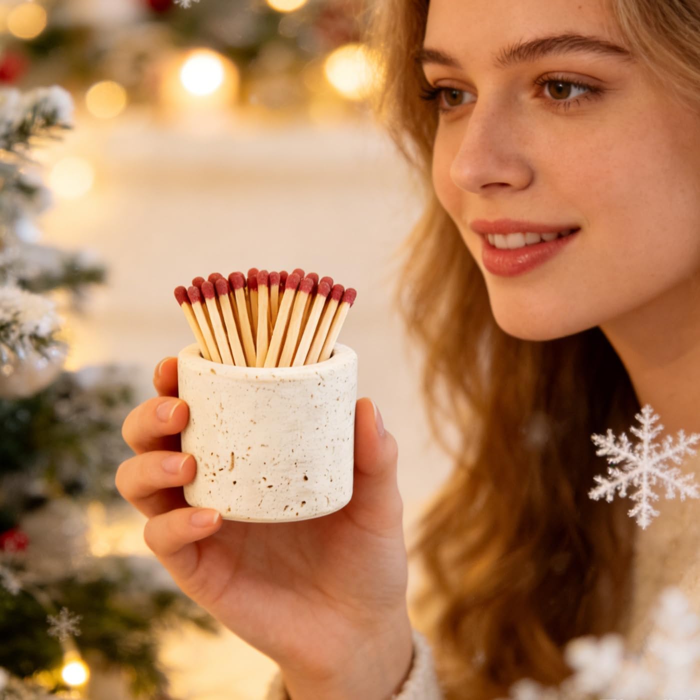 2pcs Match Holders with 6 Strikers 2.56x1.97in Travertine Stone Decorative Fireplace Match Dispenser Matchstick Organizer Cute Candle Jar for Camping Home Parlor Bathroom Kitchen, Matches Not Included