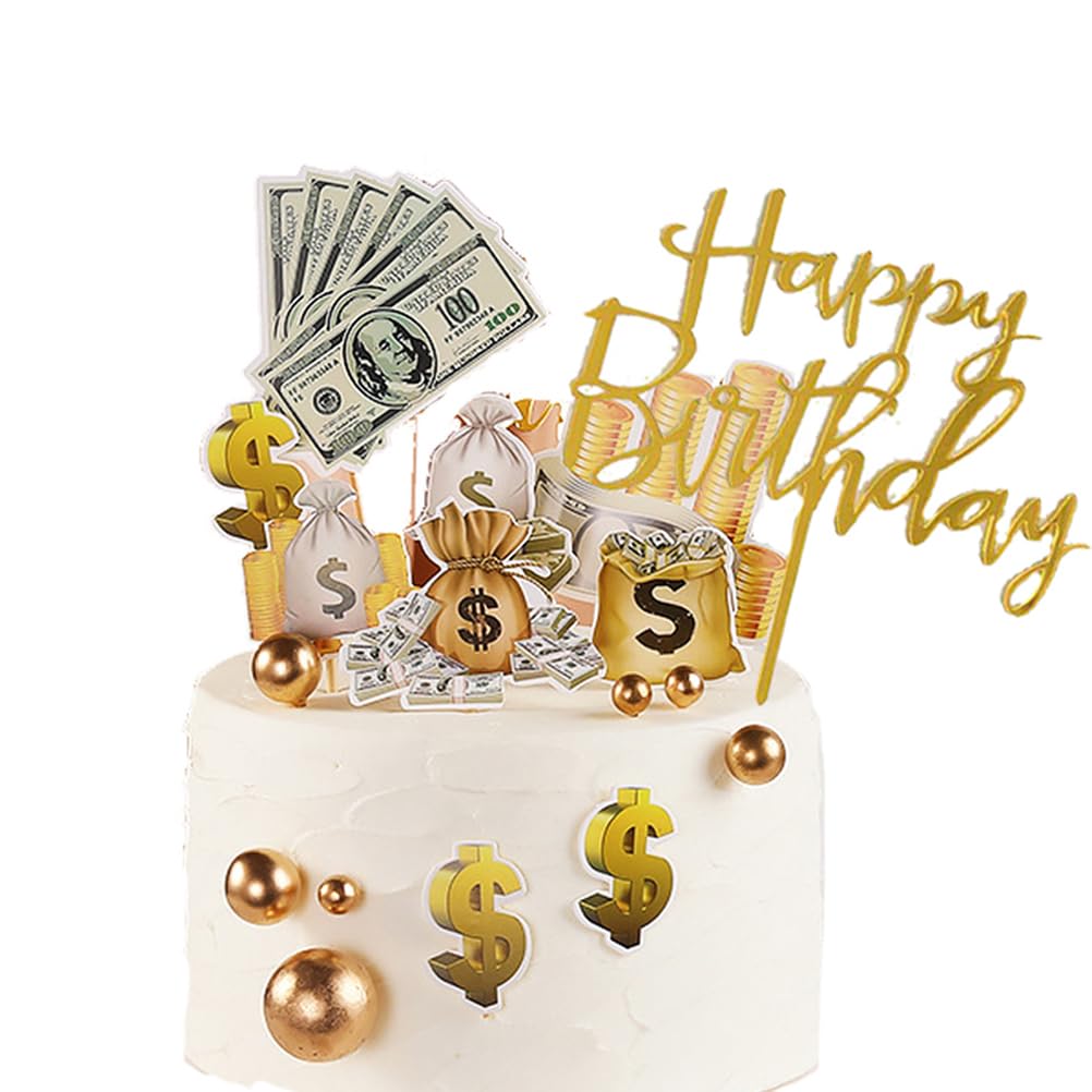 MiaLover 19 Pieces Dollar Cake Decoration Acrylic Happy Birthday Cake Picks Money Cake Topper Cupcake Picks Cake Decoration for Men Missing Birthday Party Decorations