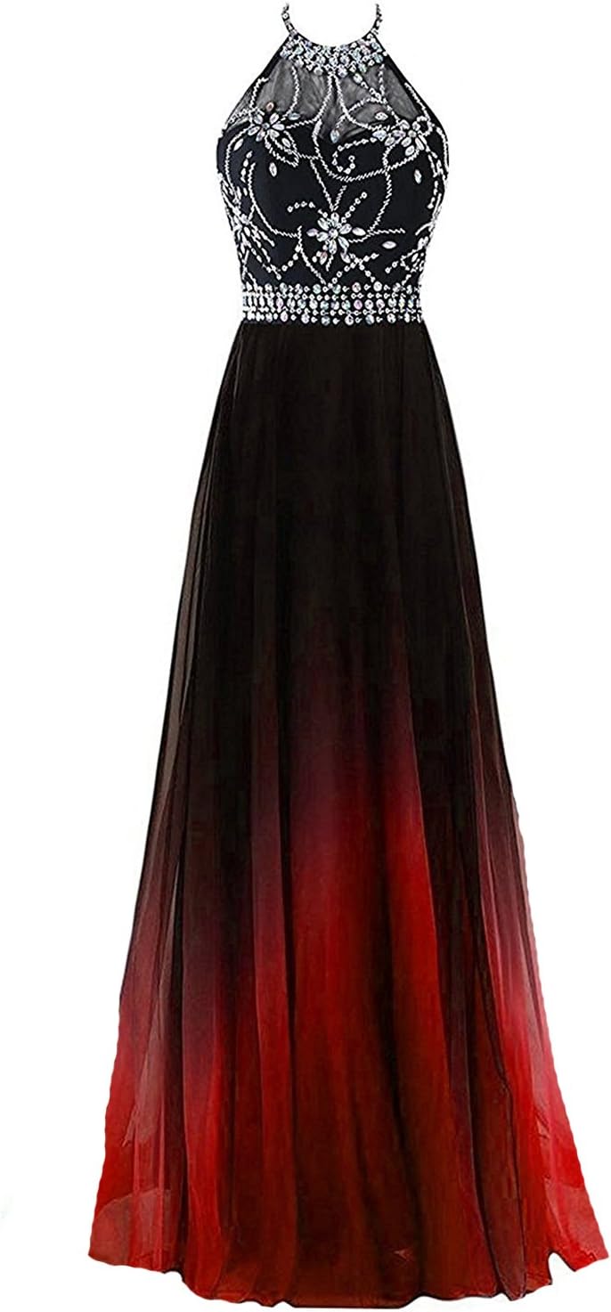 Lemai Long A Line Beaded Gradient Ombre Chiffon Formal Prom Evening Dresses