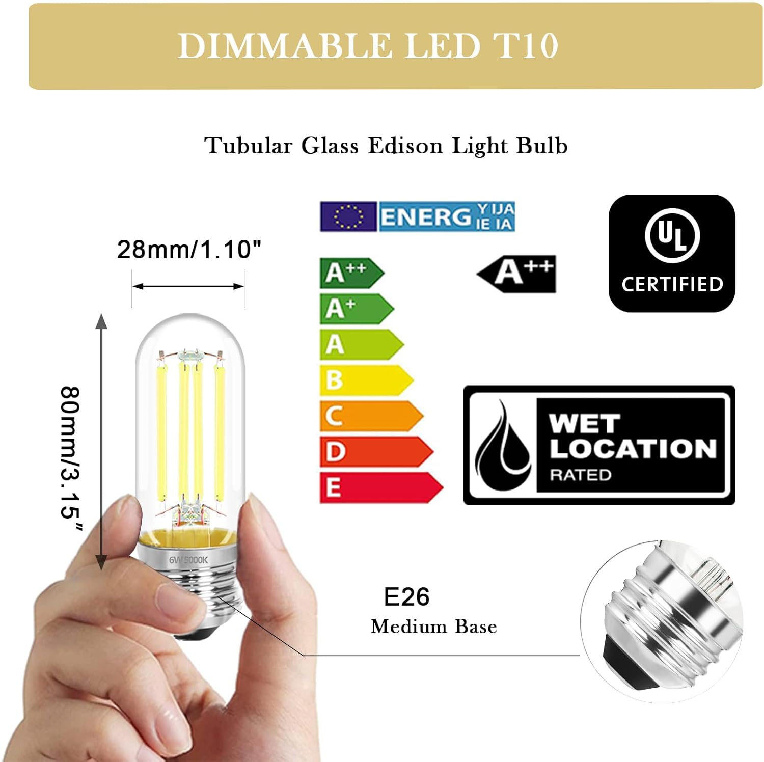 3.2 Inch 5000K Daylight White E26 LED Bulb 60 Watt Equal, AC 120V 600LM Edison Bulbs Dimmable, 6W T10 T30 Filament Light Bulbs Clear Glass for Fan Pendant Wall Light, UL Certified-6 Pack