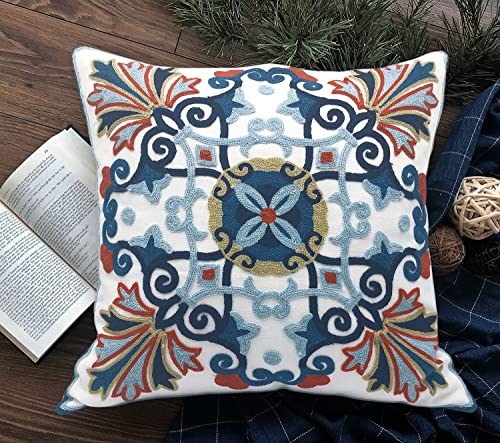 Alysheer Embroidered Decorative Throw Pillow Cover 18 x 18 inch, Boho Vintage Farmhouse Cottage Floral Embroidery Knit Pattern, 100% Cotton Cushion Case for Sofa Couch Living Room (Navy Blue)