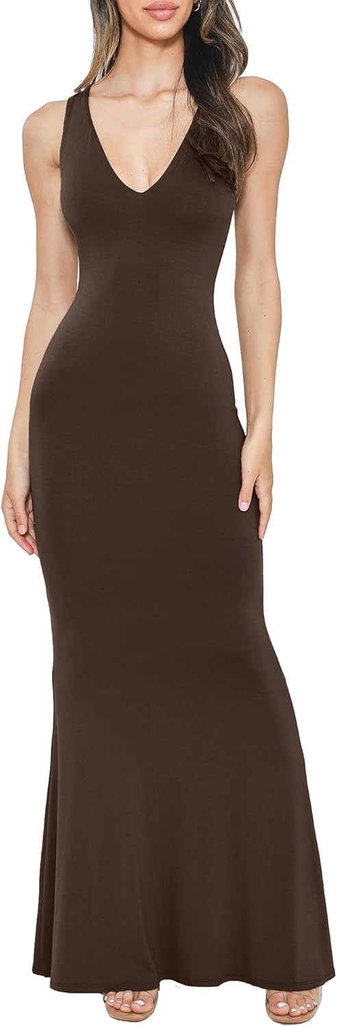 Womens V Neck Maxi Dress, Sexy Sleeveless Formal Casual Bodycon Long Dress, Summer Wedding Guest Dresses