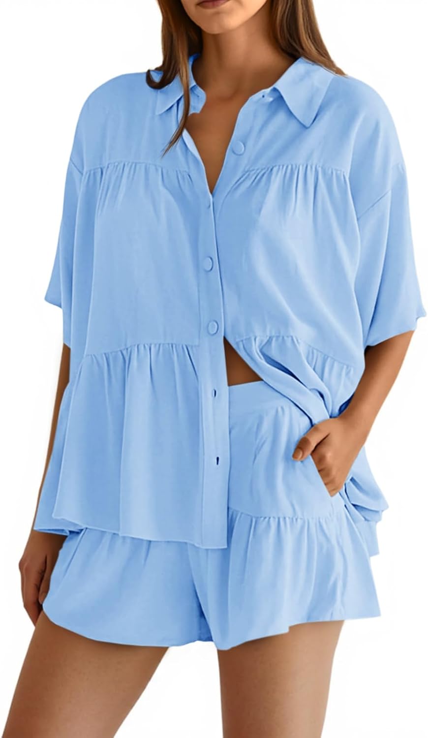 Cicy Bell Womens 2 Piece Outfits Summer Pleated Button Down Shirts High Waisted Shorts Lounge Sets - Image 2