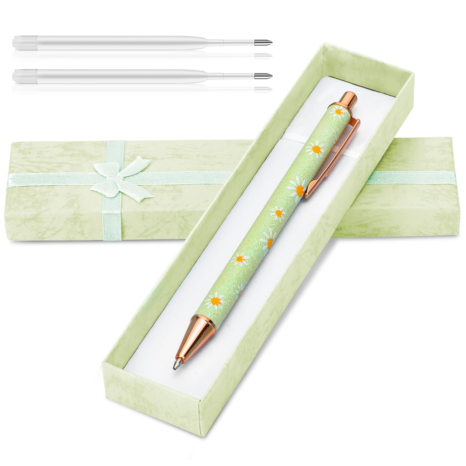 1 Piece Sparkly Floral Pens Gift Set,Floral Pen,Bling Metal Floral Pen,Shiny Daisy Ballpoint Pen,Smooth Writing,Black Ink Retractable Ballpoint Pens,Pretty Flora Pens for Women (Candy Green)