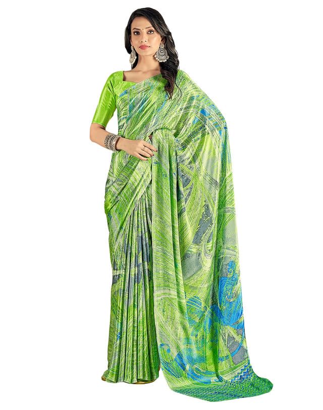 Image of SIRIL Women's Printed Silk Crepe Saree with Unstitched Blouse Piece