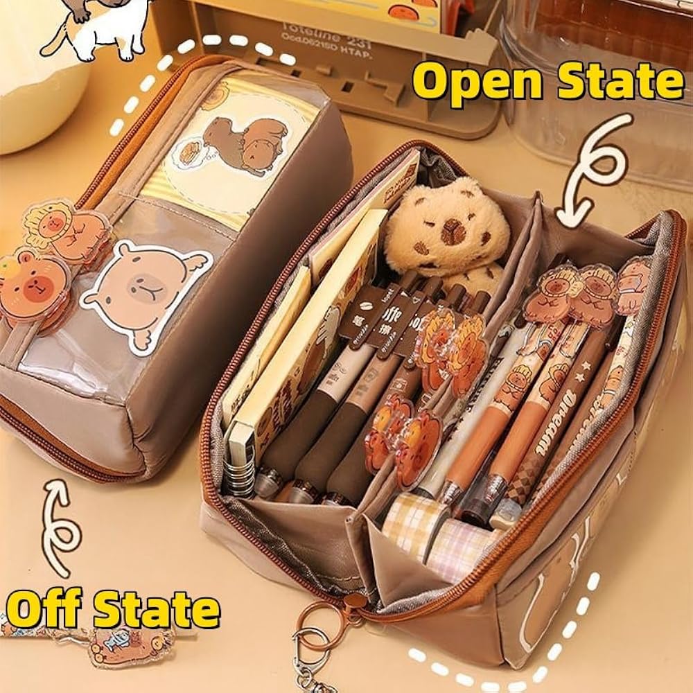 Trousse Capybara Kawaii - Multi-Compartiments - Pour École, Bureau, Voyage - Accessoires Inclus