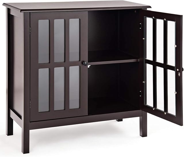 CASART Storage Cabinet, Floor Standing Cupboard with Double Glass Door, Wooden Nordic Sideboard Display Buffet Cabinet for Bathroom, Dining Room and Entryway (Brown)