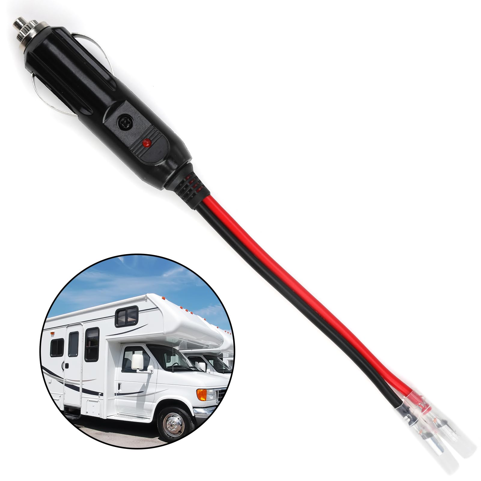 12V Car Plug Male Cigarette Lighter Plug, Power Plug Male to Bullet Female Terminal Replacement, 5.9inch Lead Cable Adapter with LED Indicator, 15A Fuse Protection for Various Auto DC 12V/24V Devices