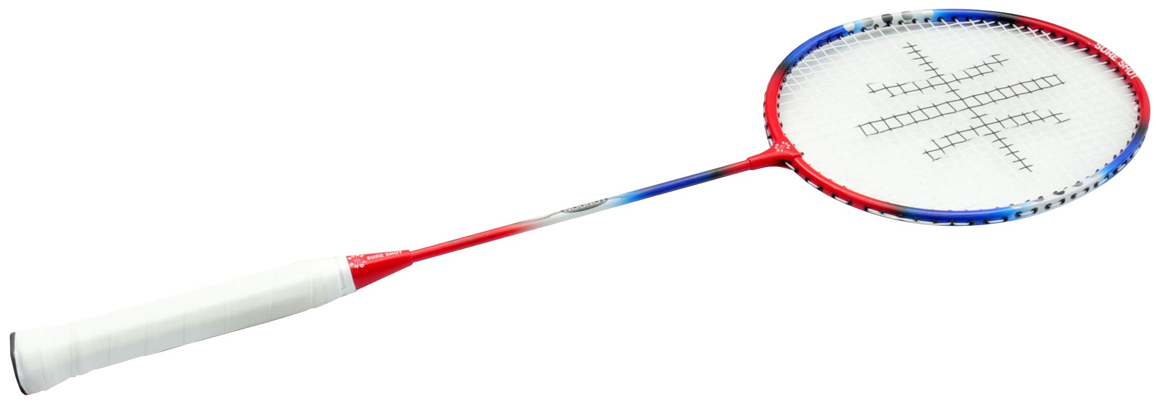 Sure Shot London 4 Player Set6 Badmintonschläger Set mit 4 x Erwachsenenschlägern und 3 Federbällen inkl. tragbarem Netz und Pfosten und Tragetasche, rot/weiß/blau, 26.35cm