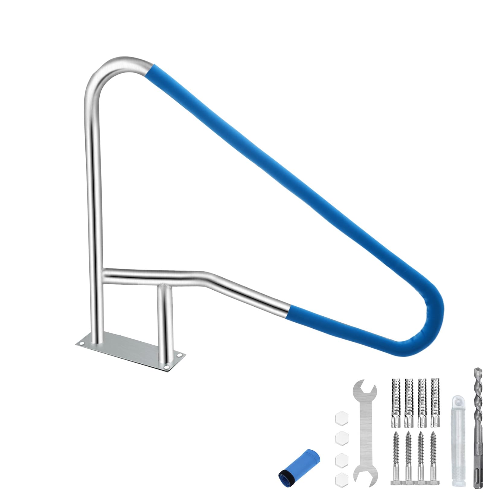 Garvee Pasamanos para Piscina de Acero Inoxidable 304, Barandilla de Seguridad para Piscinas Enterradas y Spas, Riel de Escalera Ergonómico con Cubierta de Nylon Azul, Kit de Montaje, 140 x 81 cm
