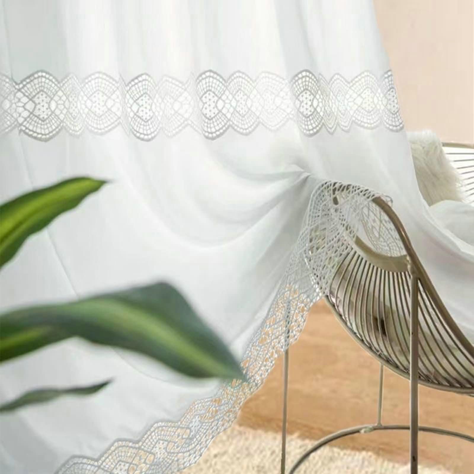 Vorhänge Polyester 2er Set, Vorhänge Lichtdurchlässig Hohl Spitze Einfarbig Gardinen Wohnzimmer Modern H 214 x B 96 cm, Weiß