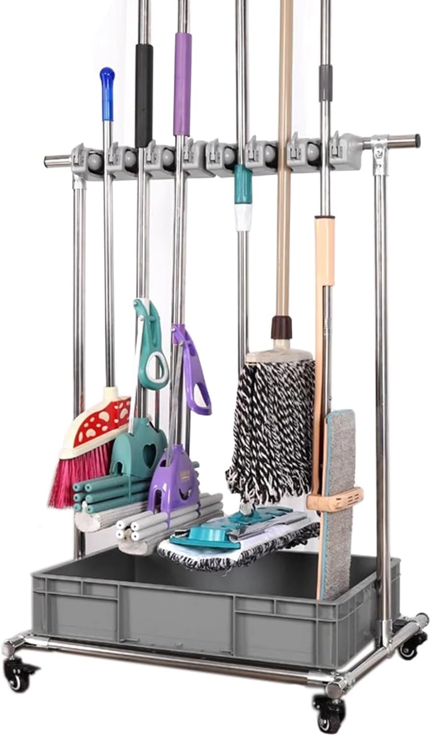 LJYKBFL Floor Standing Mop And Broom Holder, Rolling Cleaning Tool Rack Carts For Schools, Hotels, Restaurant And Laundry Room, With 6 Spring Clip, 8 Hooks And Plastic Tray