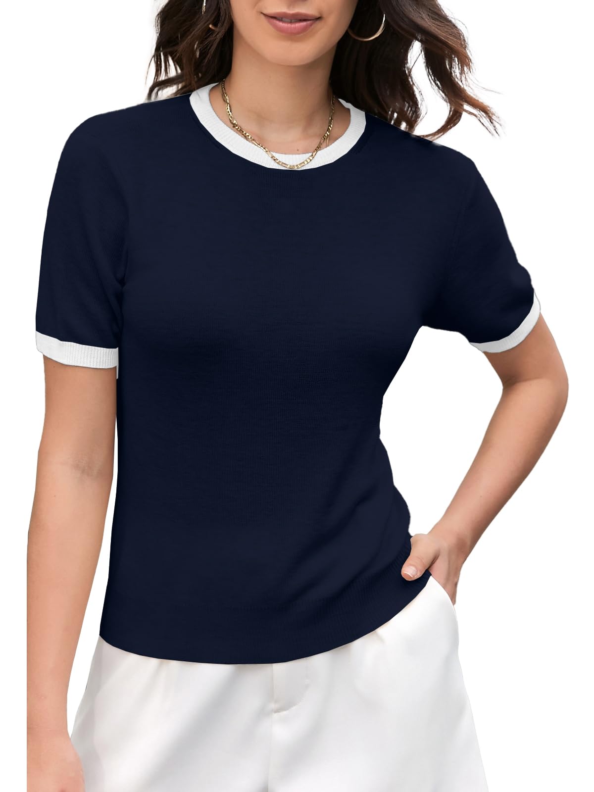 DAIMIDY Womens Short Sleeve Crew Neck Sweaters Lightweight Summer Sweater Casual Knit Pullover Tops