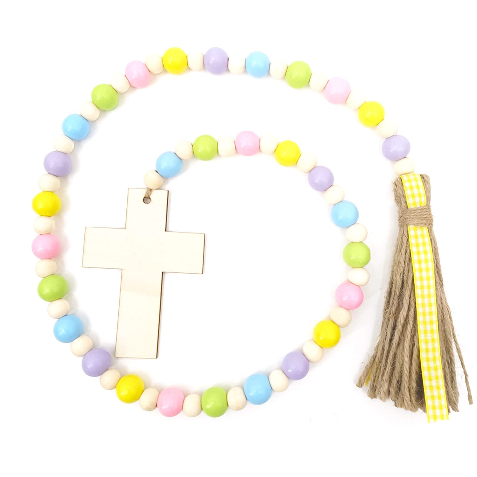 Jazuaiao Cross Design Wood Beads Garland String Wall Hanging Ornaments Elegant Prayer Bead for Easter Gifts Wood Bead Garland with Blessed Cross Wooden Prayer String Wall Hanging