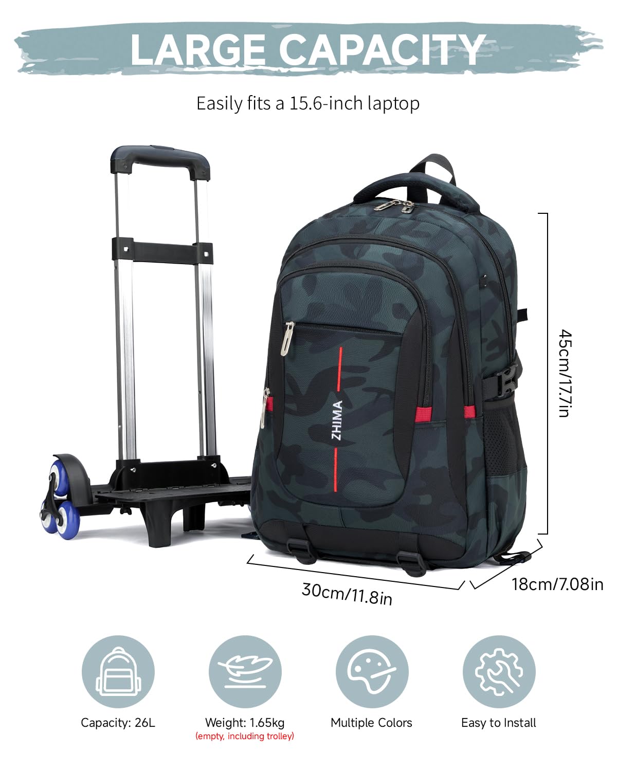 Zaino Trolley per Ragazzi Adolescenti, 26L Zaini con Ruote Scuola Media e Elementare Staccabile, 6 Rotelle Zaino Ragazzo Mimetici alla Moda per la Scuola e Viaggio, Verde